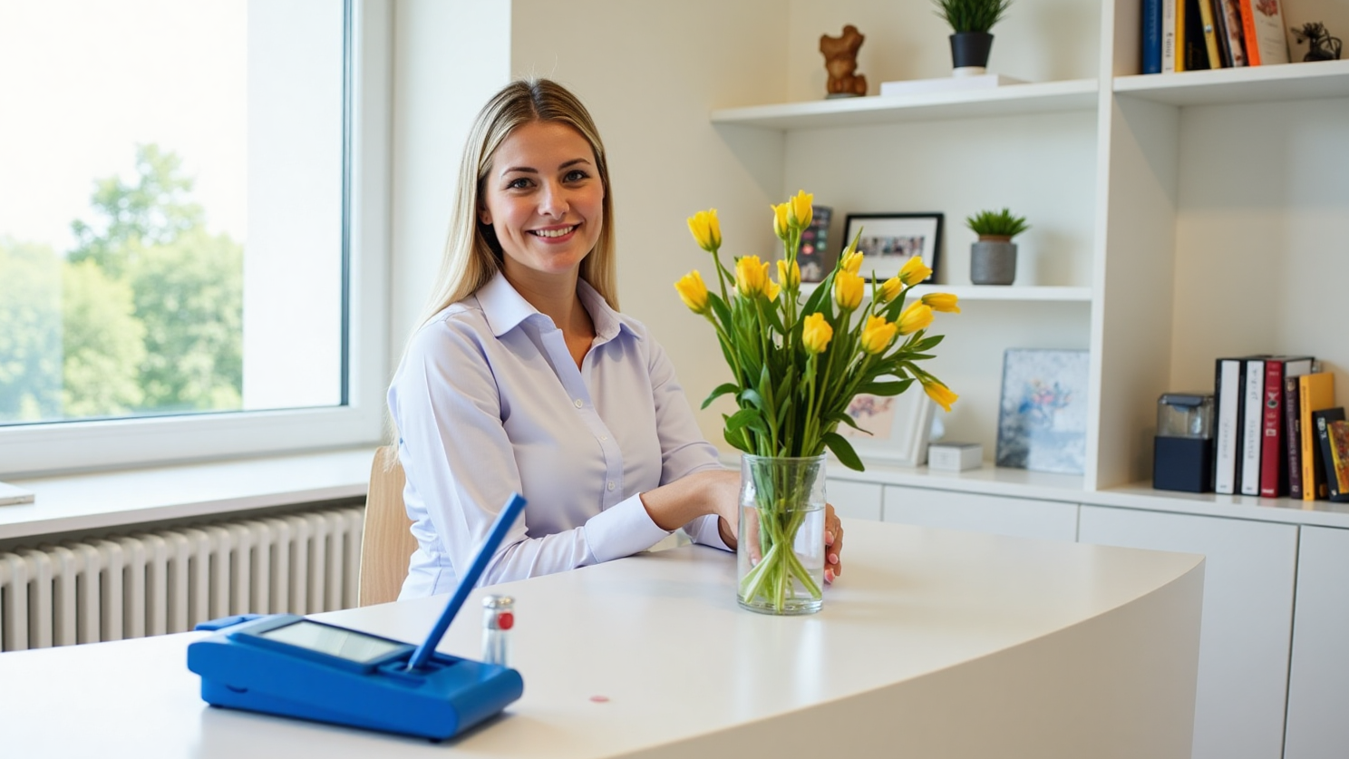 Heller Empfangsbereich der Gebäudereinigung Frankenberg mit Schreibtisch, Blumen und Tageslichtfenster